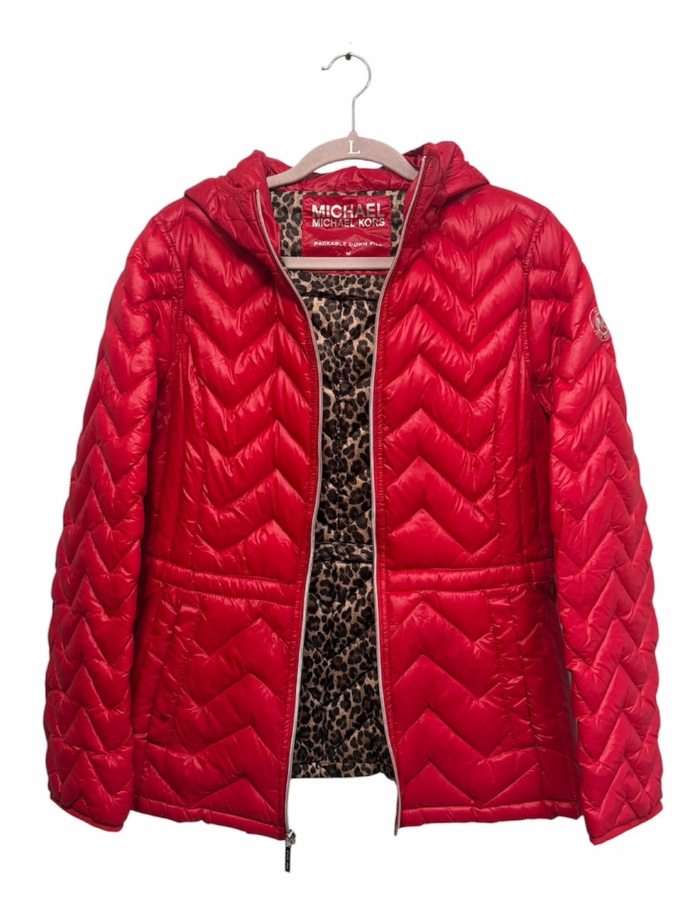 Michel Kors Red chevron packable down-fill hooded puffer jacket, size medium